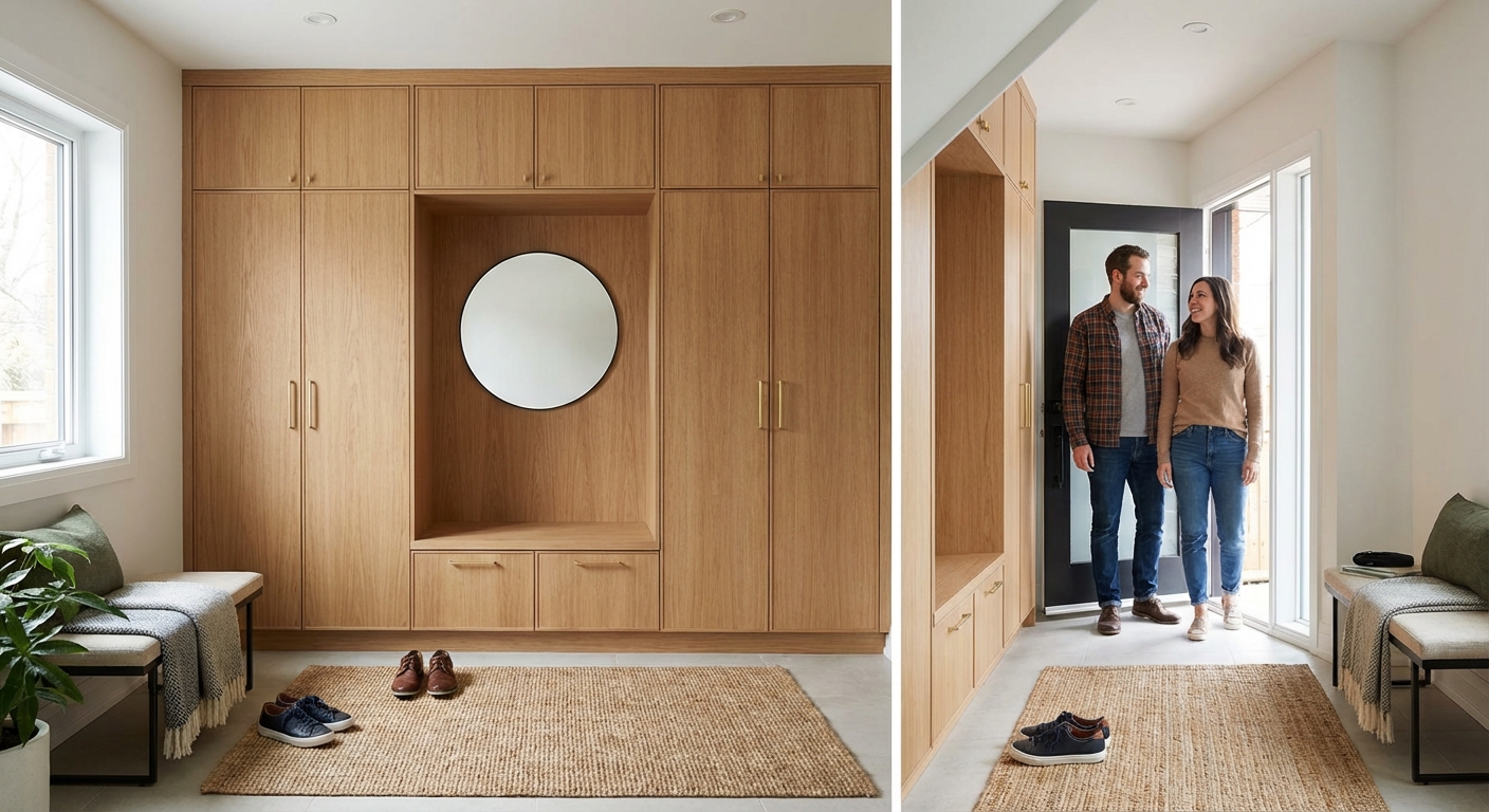 Spacious hallway with metal doors and shoe rack placed near cupboard under picture of deer handing on paneled wall