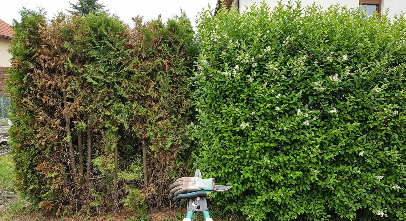 Close-up of dense green pine hedge foliage creating a natural textured background.