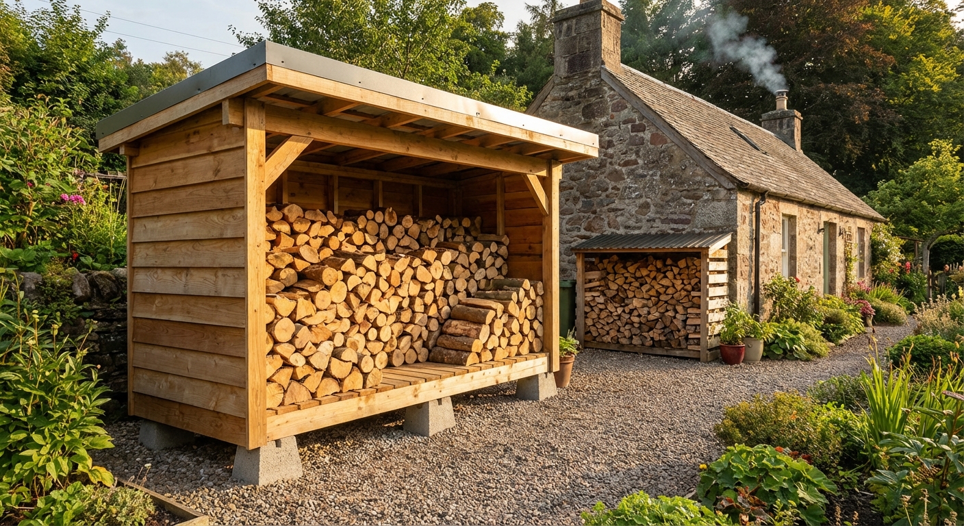 A rustic scene with stacked firewood next to an open shed door in an outdoor setting.