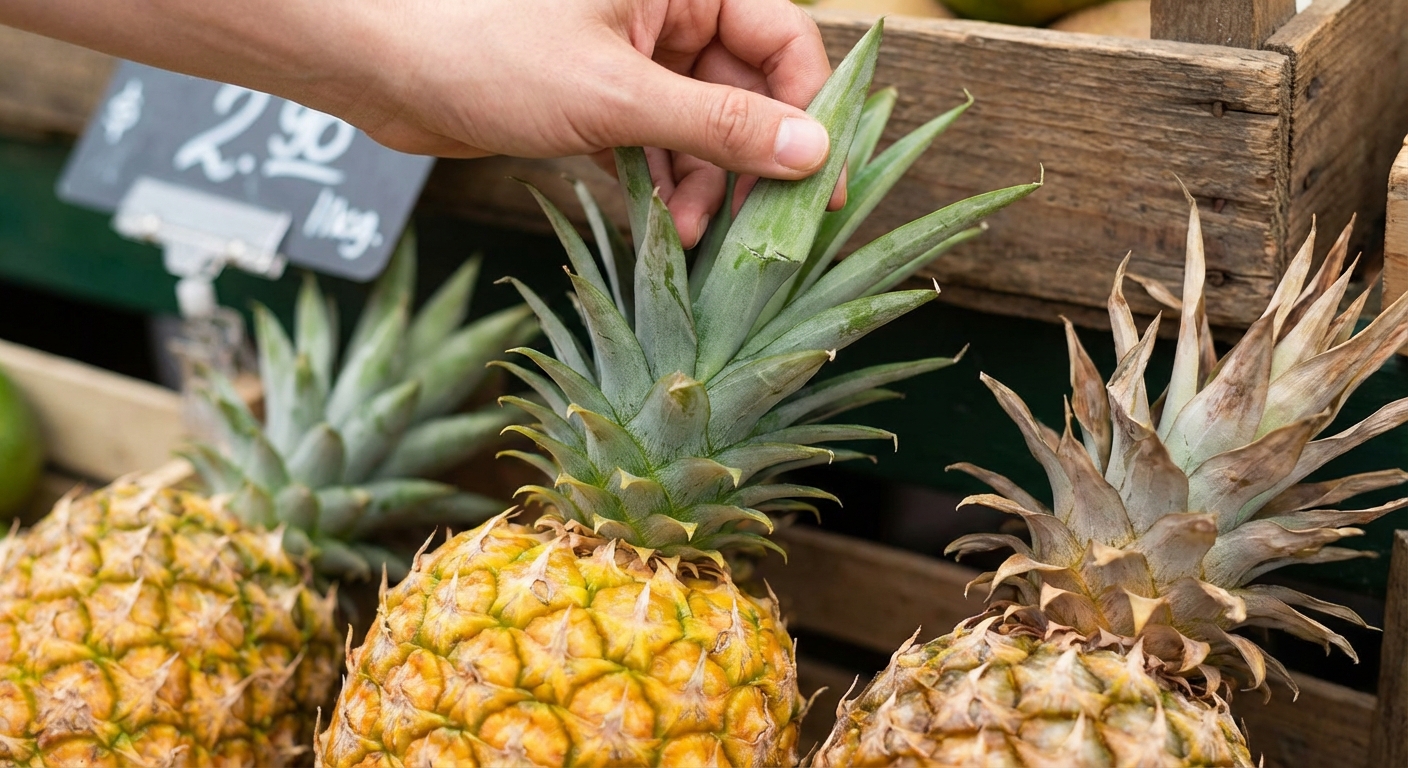 Aerial shot of pineapple top showing vibrant green leaves on a light background.