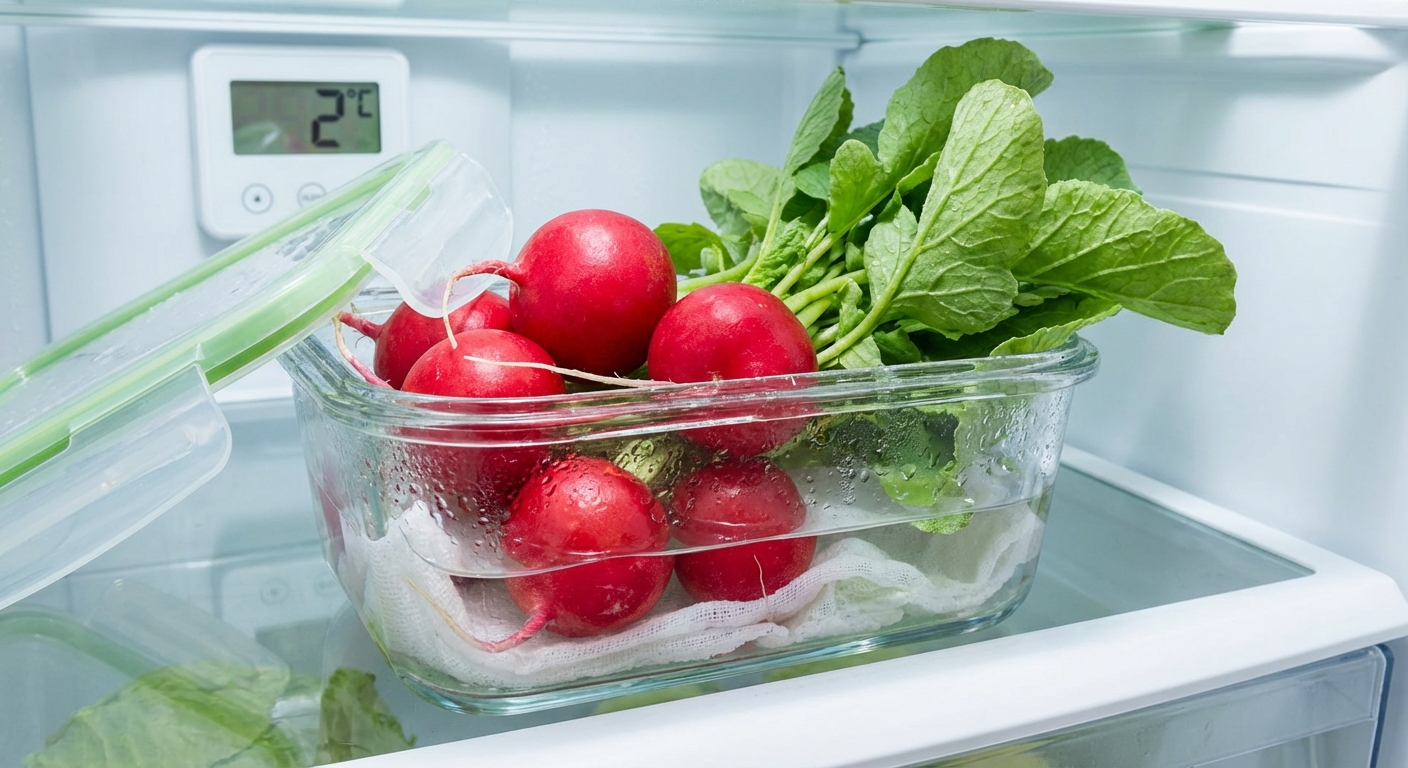Close-up of fresh fennel and radishes on display at a grocery store.