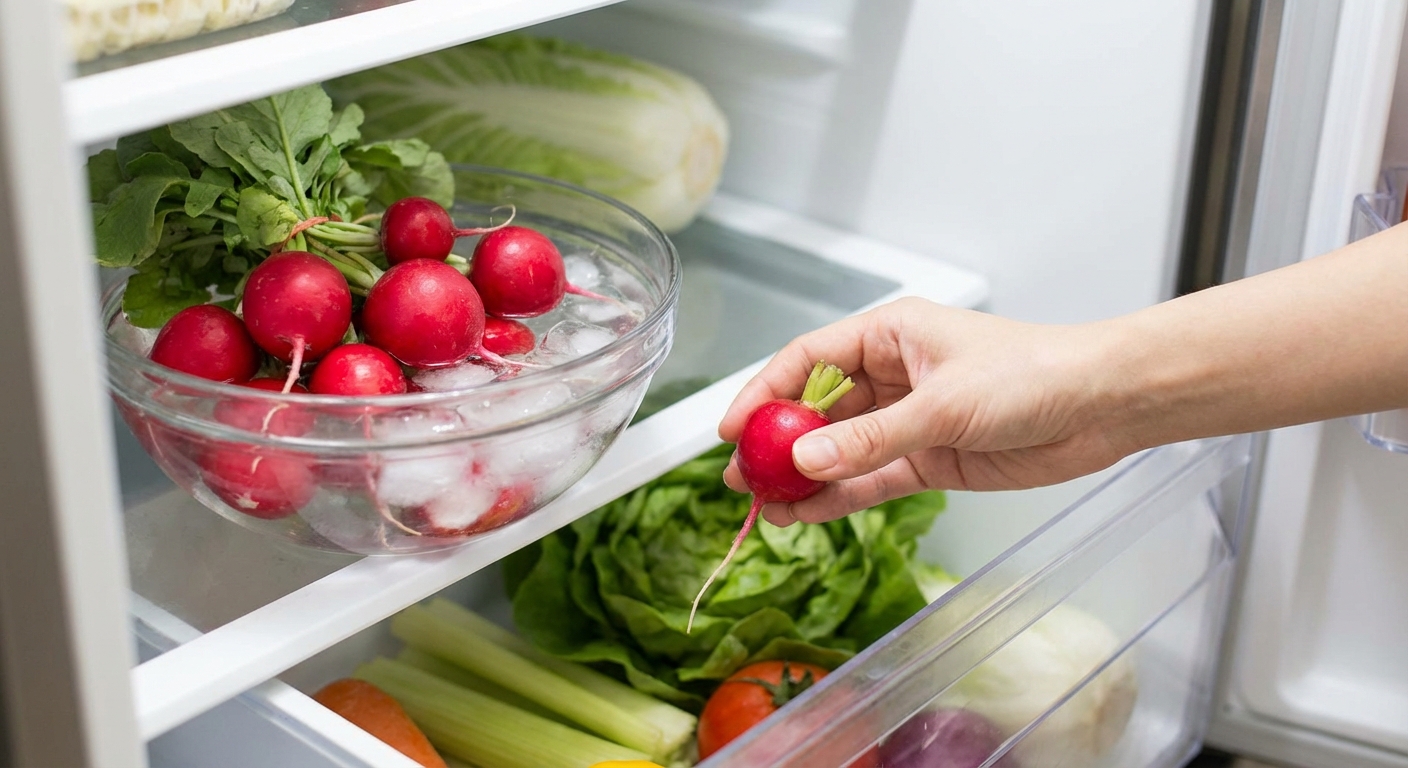 Vibrant red radishes in a rustic bamboo basket surrounded by leafy greens, conveying a fresh farm-to-table feel.
