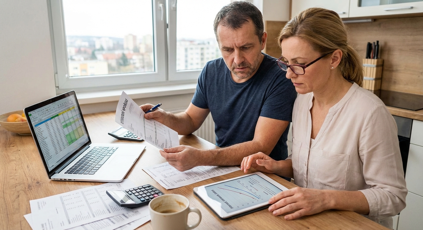 Close-up of a hand grabbing euro bills from a cluttered desk, symbolizing finance or financial crisis.
