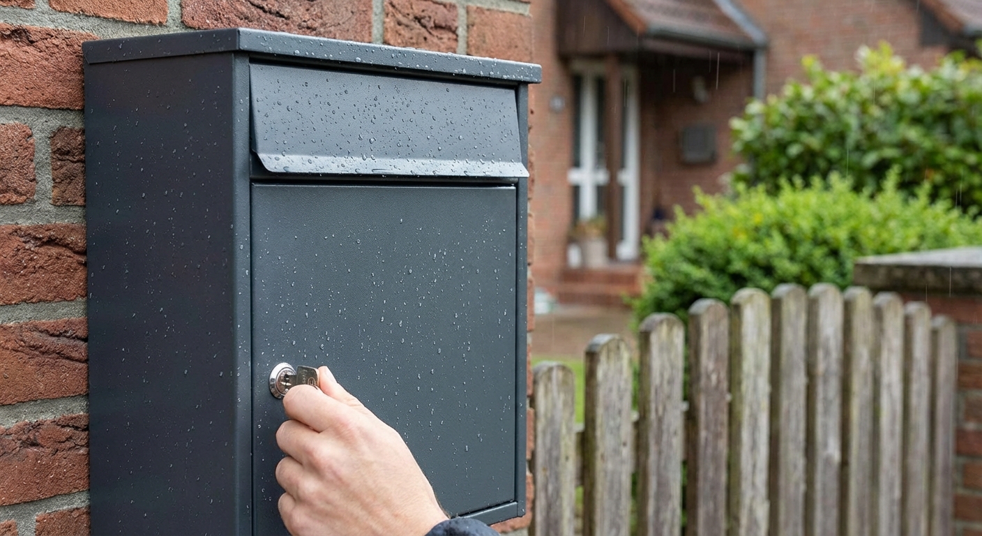 Close-up of a traditional US mailbox with a red flag in a sunny neighborhood.
