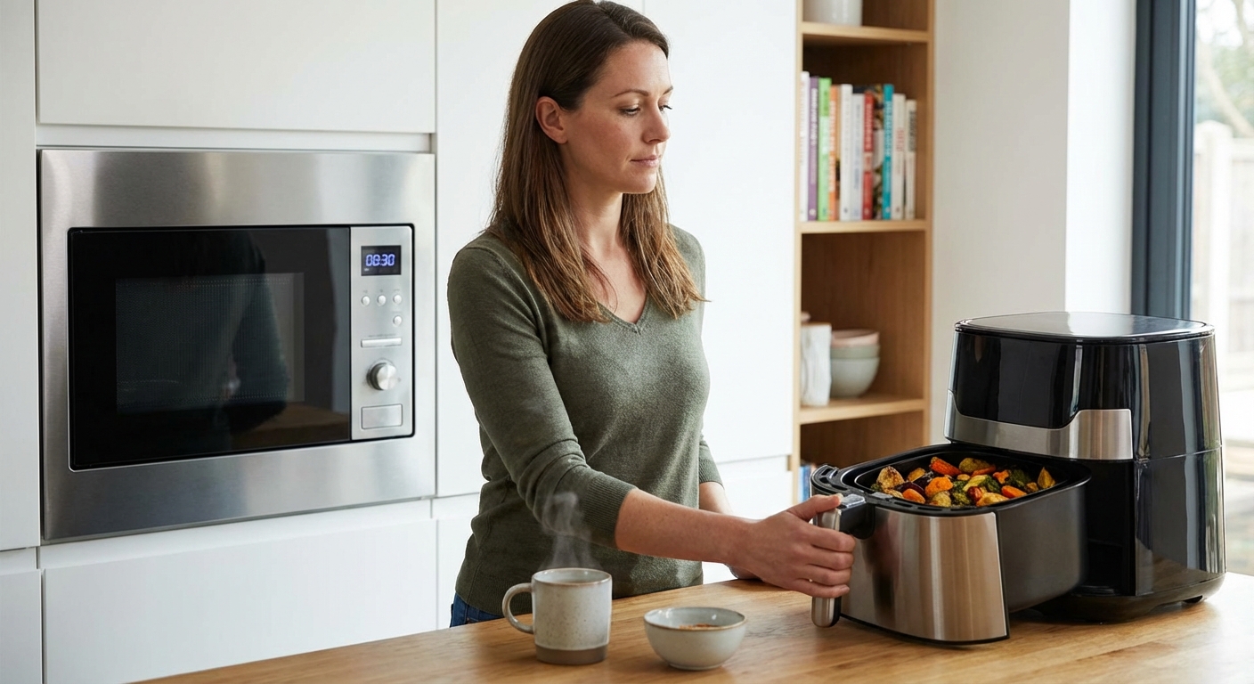 A close-up of freshly toasted bread popping from a sleek black toaster