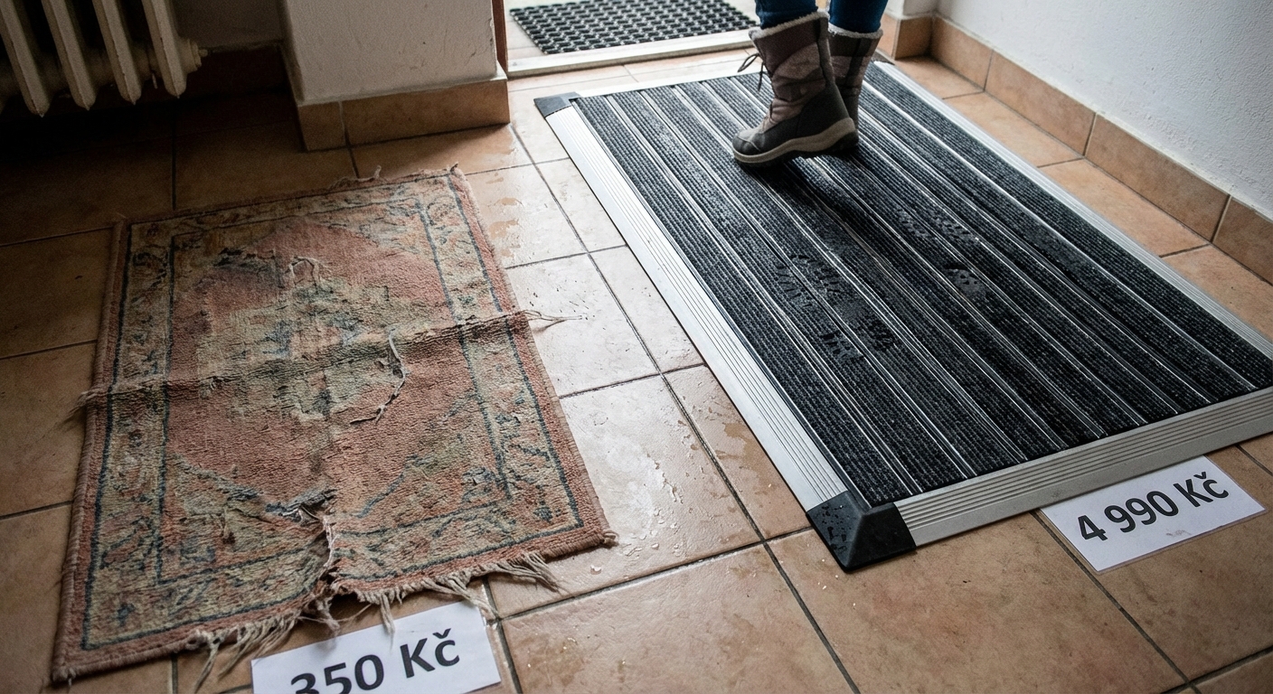 Aerial view of a green welcome doormat with 'Bienvenido' against a tiled floor with shoes visible.