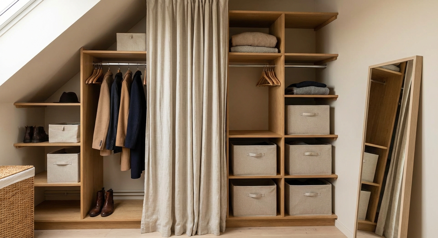 A sleek and modern walk-in closet with wood paneling and black accents.