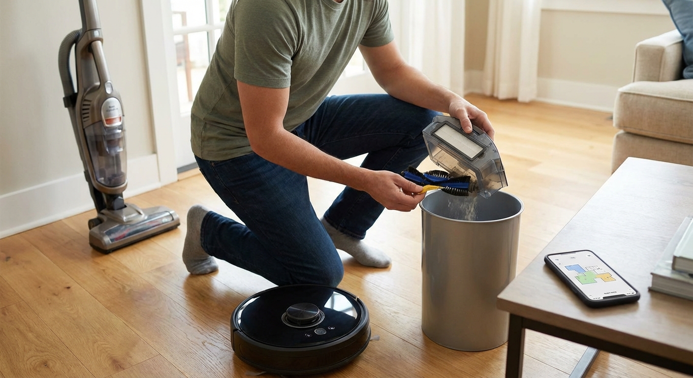 Close-up of a robotic vacuum cleaner on hexagonal tiles for efficient cleaning.