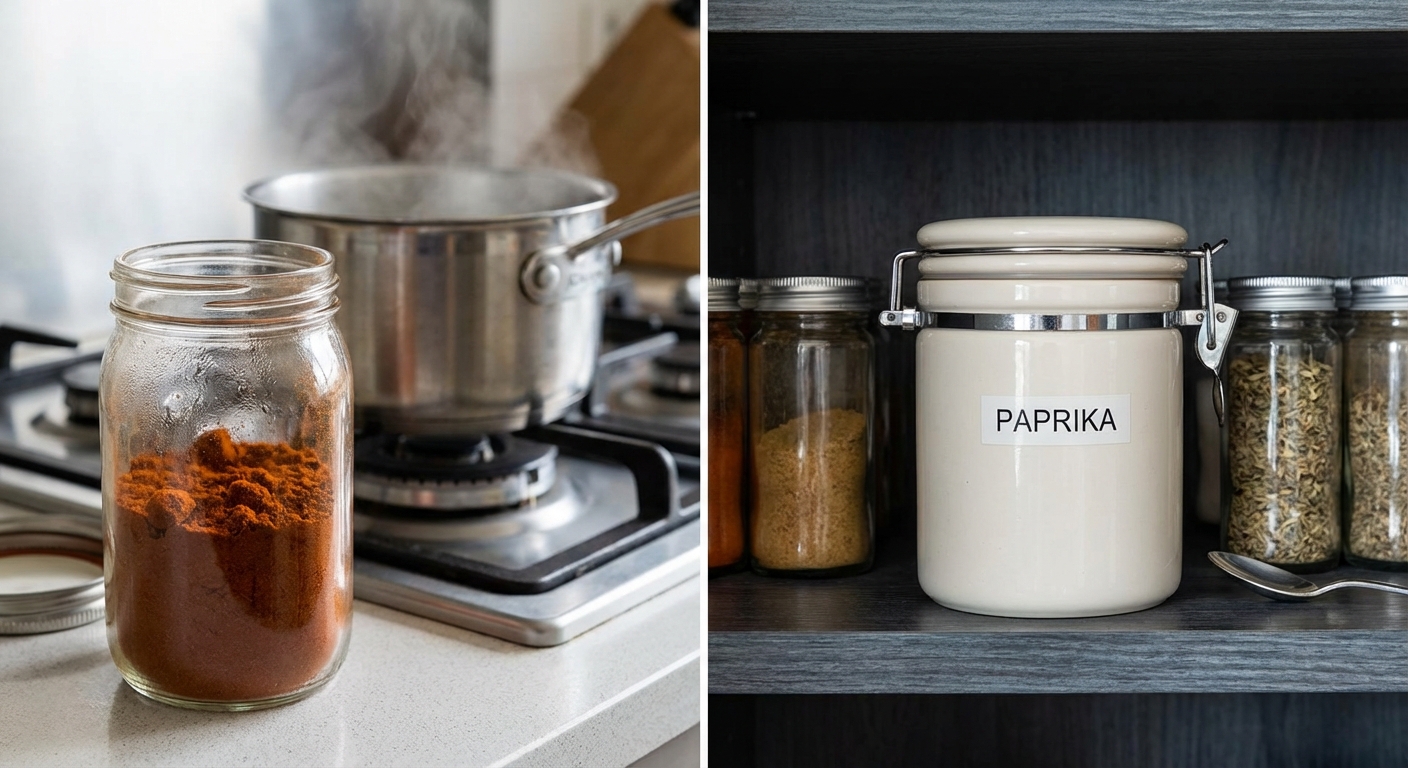 Close-up of assorted spice jars with various herbs on a kitchen shelf, showcasing colorful culinary ingredients.