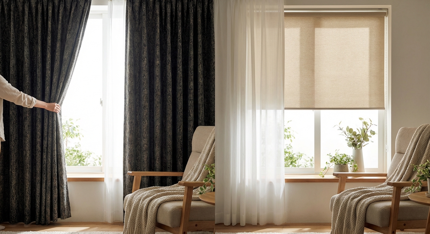 A home interior featuring a window with curtains, blinds, and potted plants.