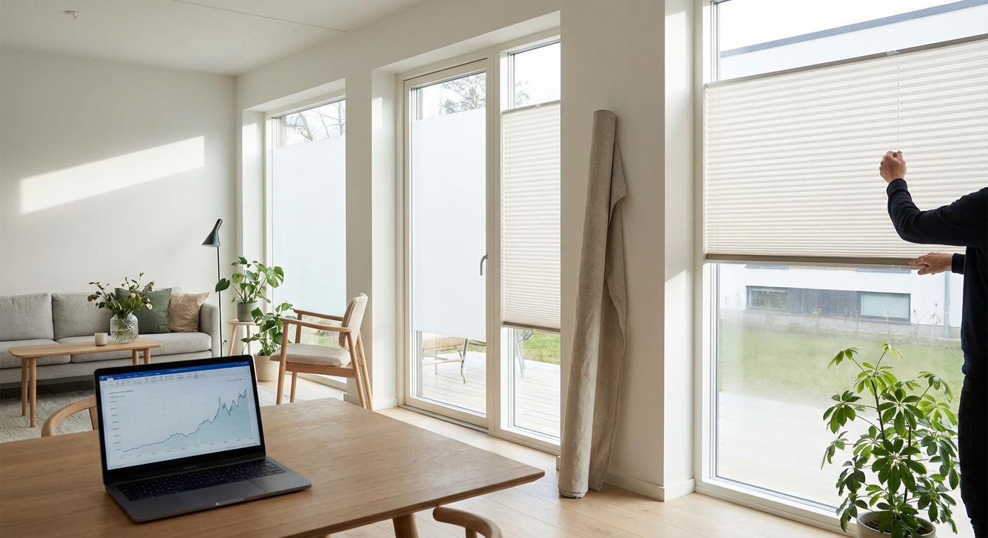 Bright minimalist interior with white window blinds and smooth wall, perfect for modern design.