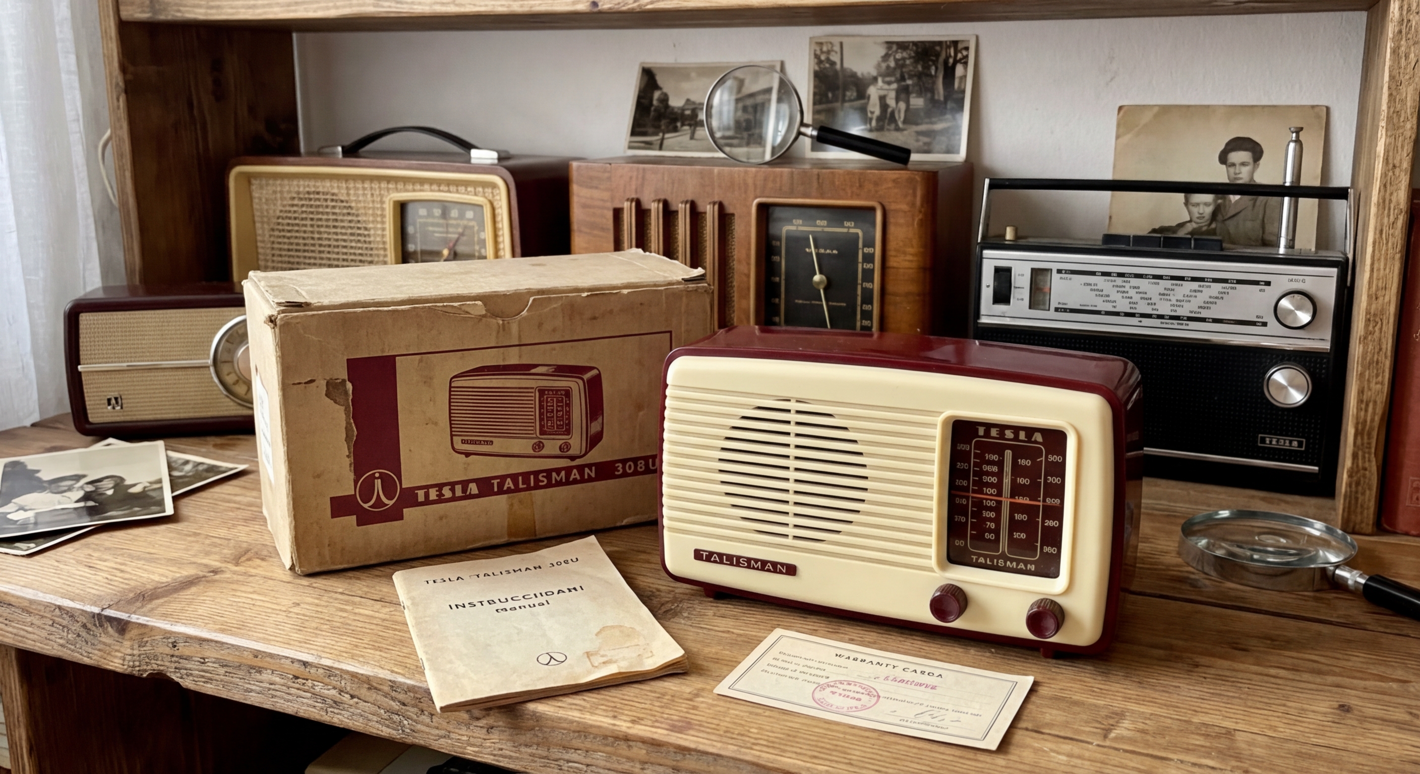 Vintage transistor radio on reflective surface with teal background, casting shadows.