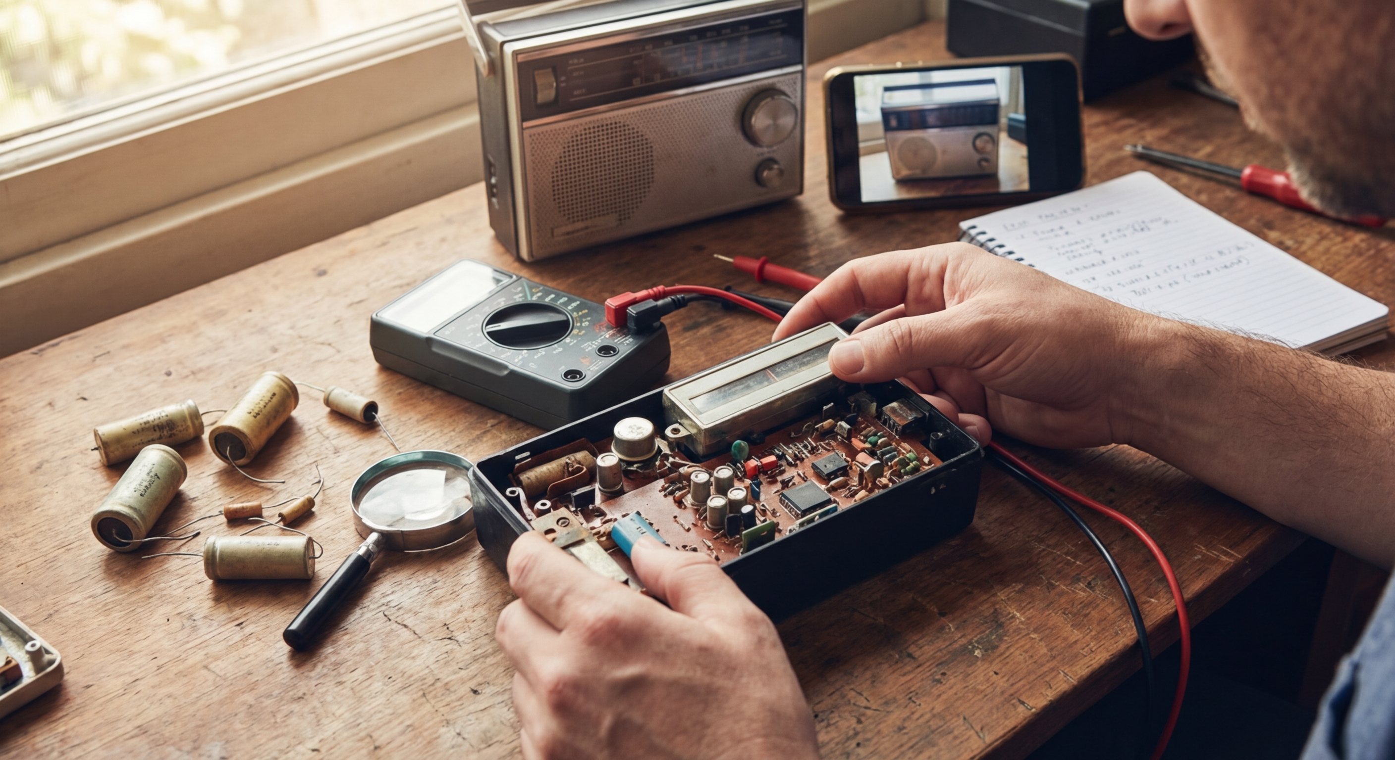 A curated collection of vintage radios displayed on shelves in an antique store, showcasing retro designs.