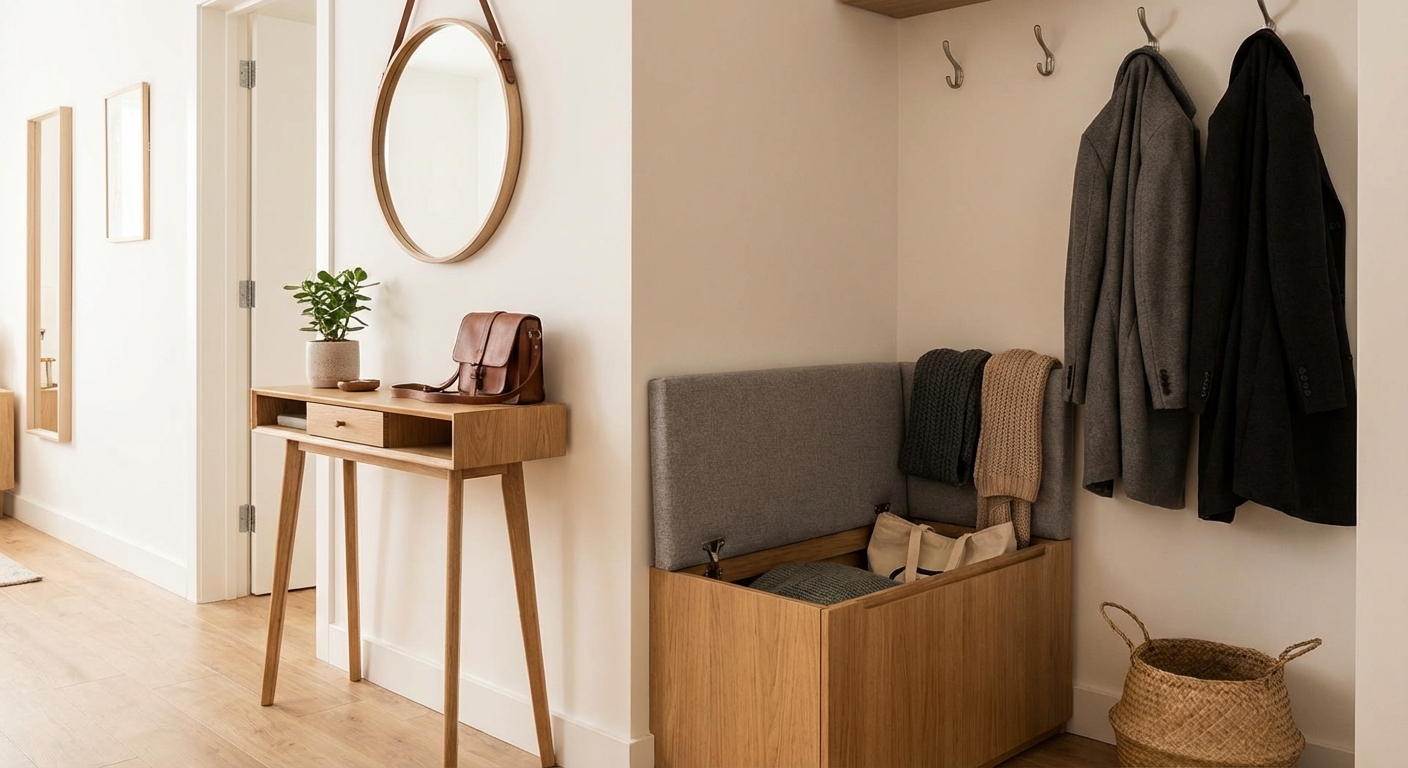 Spacious hallway with metal doors and shoe rack placed near cupboard under picture of deer handing on paneled wall