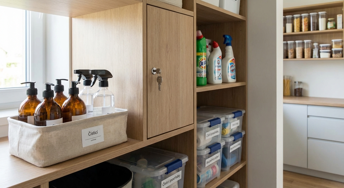A stack of colorful and black storage boxes neatly arranged on a shelf.