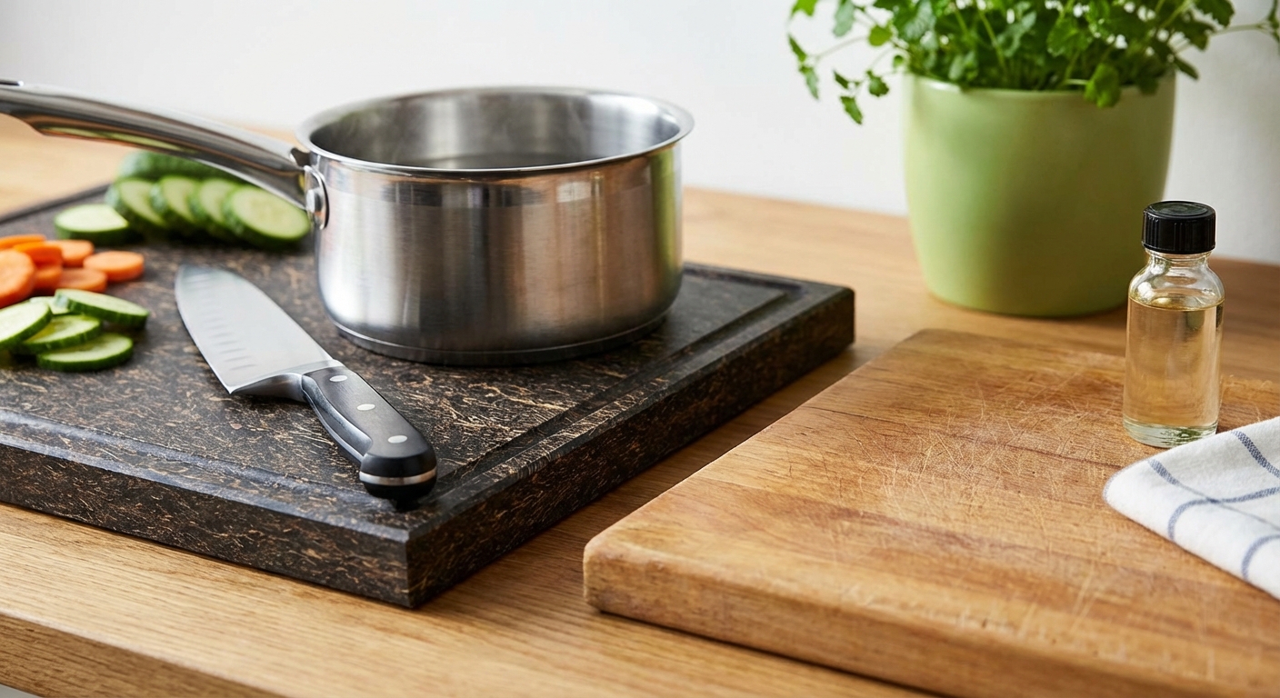 Close-up of a knife on a wooden cutting board with green onions. Ideal for kitchen and cooking themes.