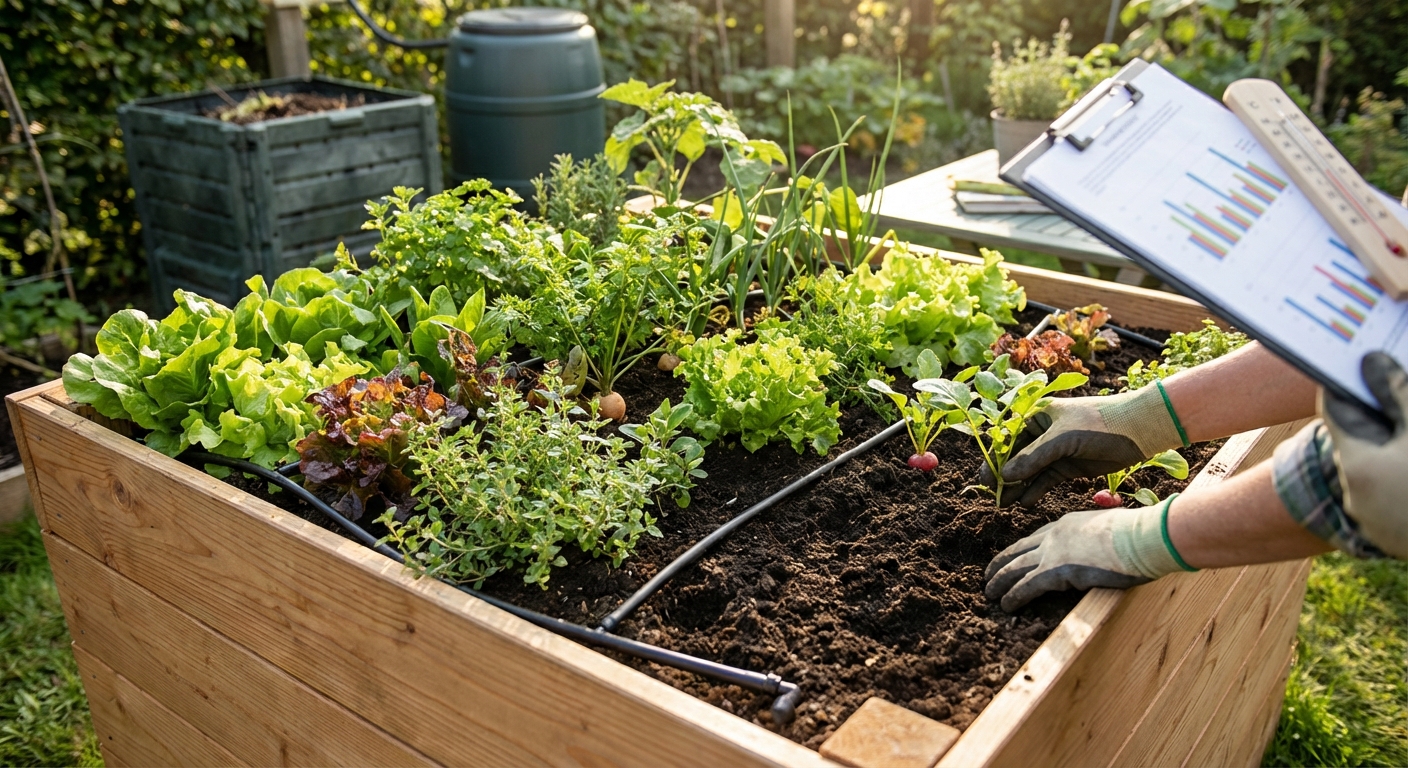 Lively urban garden featuring a chicken coop and various plants.