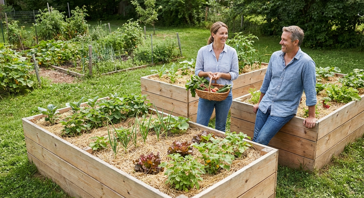 A vintage watering can in a raised garden bed surrounded by fresh green lettuce and plants.
