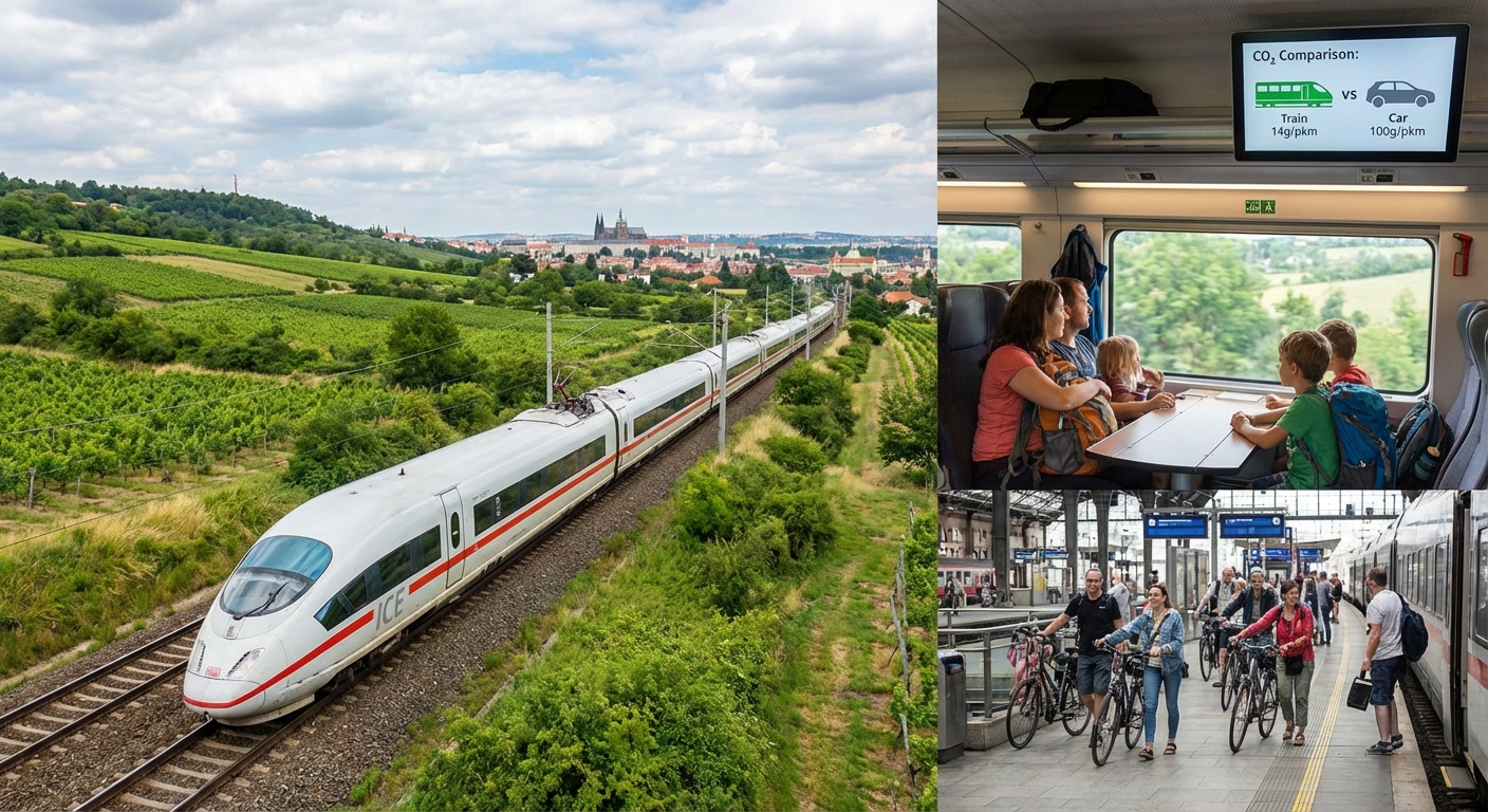 A sleek passenger train travels through a vibrant forest landscape on a sunny day.