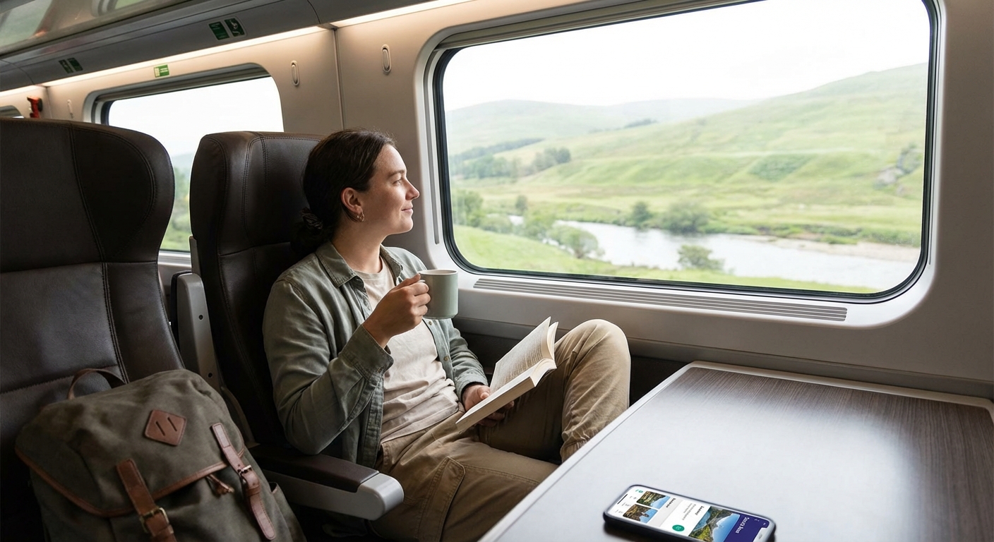 A modern passenger train on tracks surrounded by lush greenery, showcasing travel and transportation.
