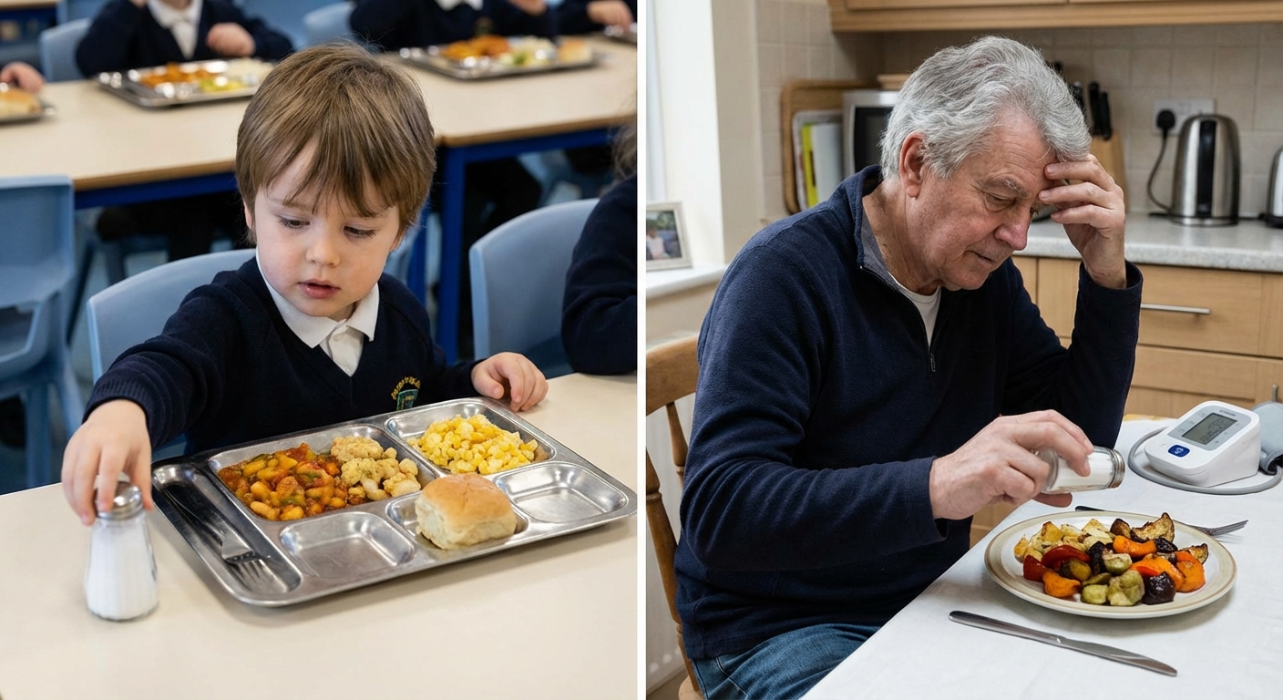 Close-up of a restaurant table with ketchup, salt, pepper, and a menu on a wooden surface.