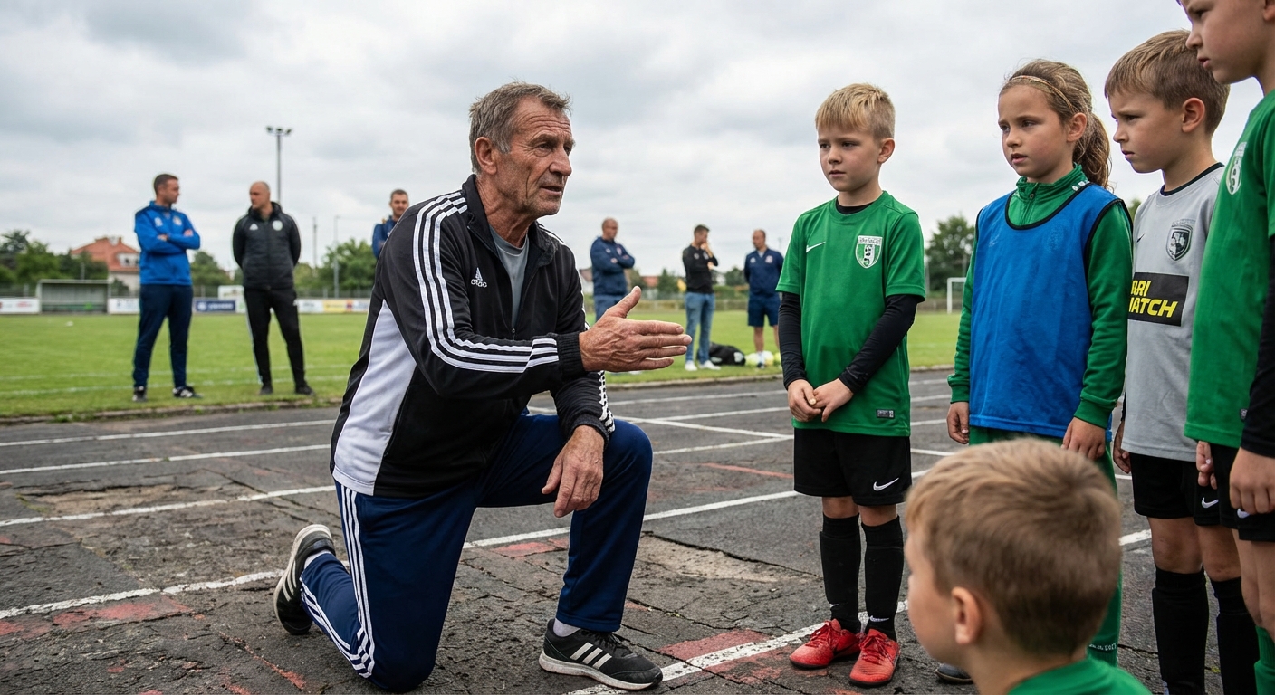 Group of kids receiving soccer coaching on a sunny day at a soccer field in Portugal.