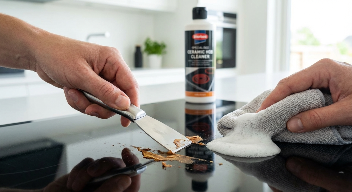 A hand using a microfiber cloth to wipe a yellow background, demonstrating cleaning and hygiene concepts.
