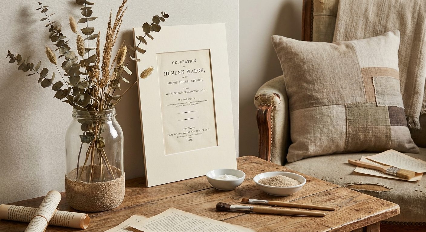 Rustic home décor setup with pillows, wooden storage box, and vase on a wooden shelf, indoor cozy scene.