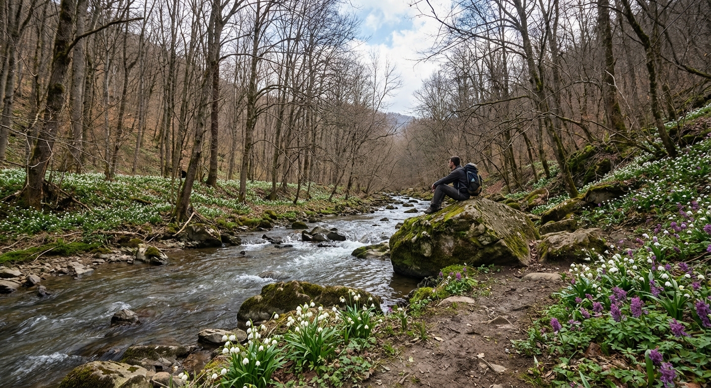 Majestic mist-covered mountain with a waterfall and river.