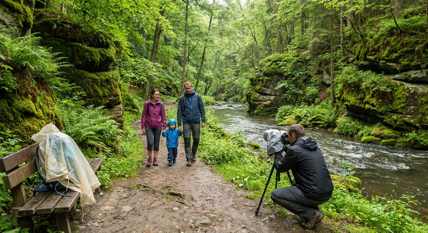 Stunning waterfall cascading through a rocky canyon surrounded by lush greenery and blue sky.