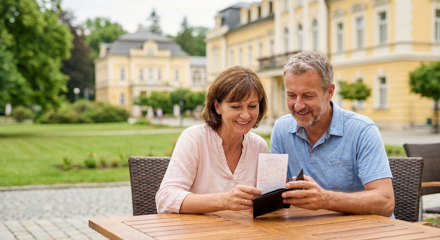 A scenic view of Mariánské Lázně showing historic architecture and lush greenery under a bright sky.