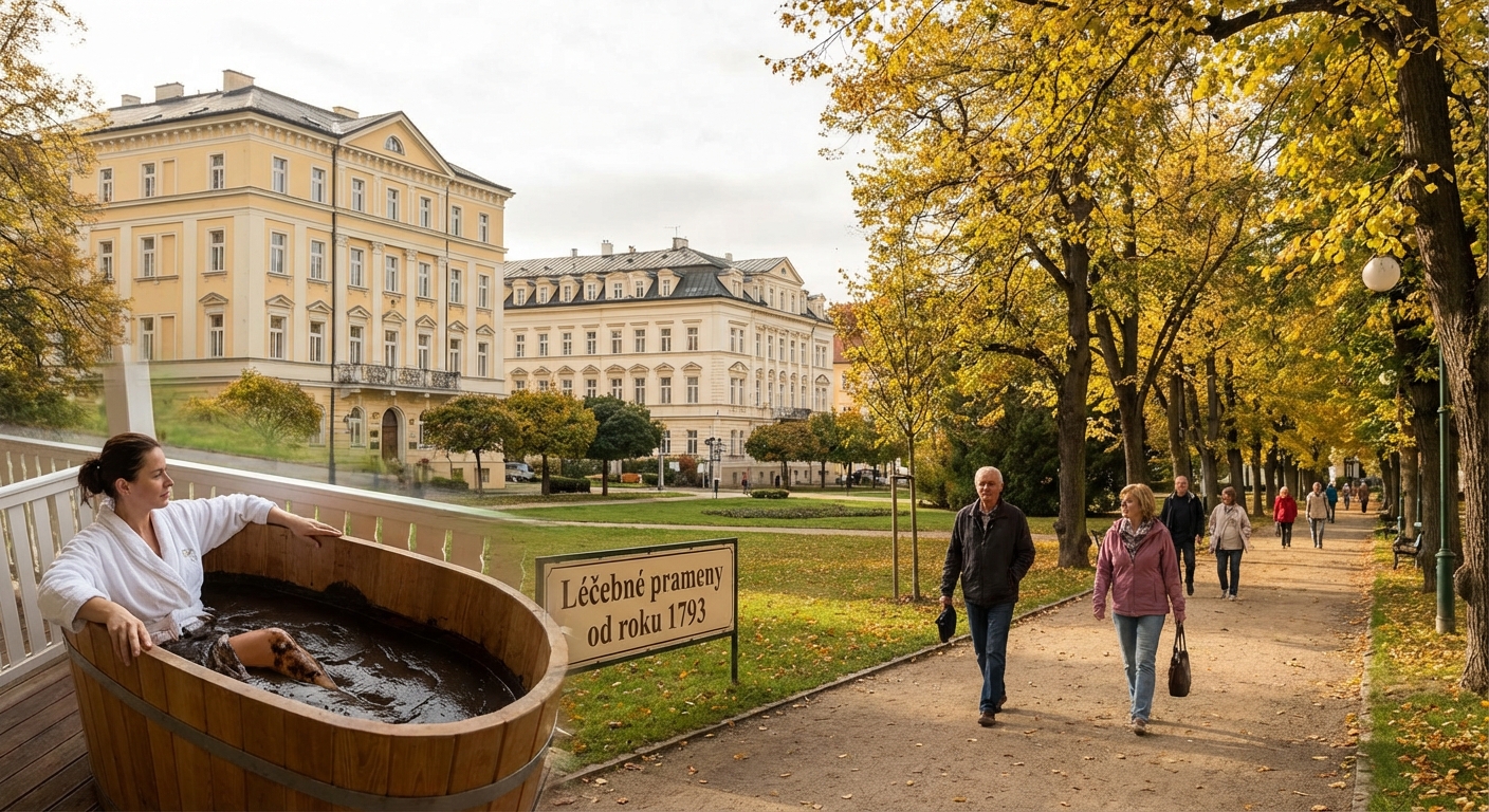 Beautiful view of the Singing Fountain and Spa Colonnade in Mariánské Lázně, surrounded by lush greenery.