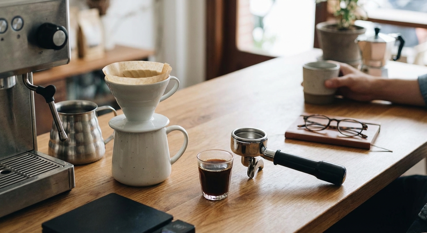 Detailed view of roasted coffee beans inside a metal filter with selective focus.