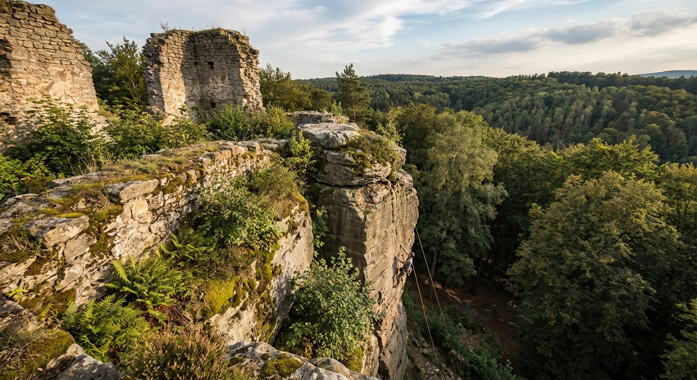 A craggy rock formation outdoors surrounded by trees, showcasing unique geological textures.