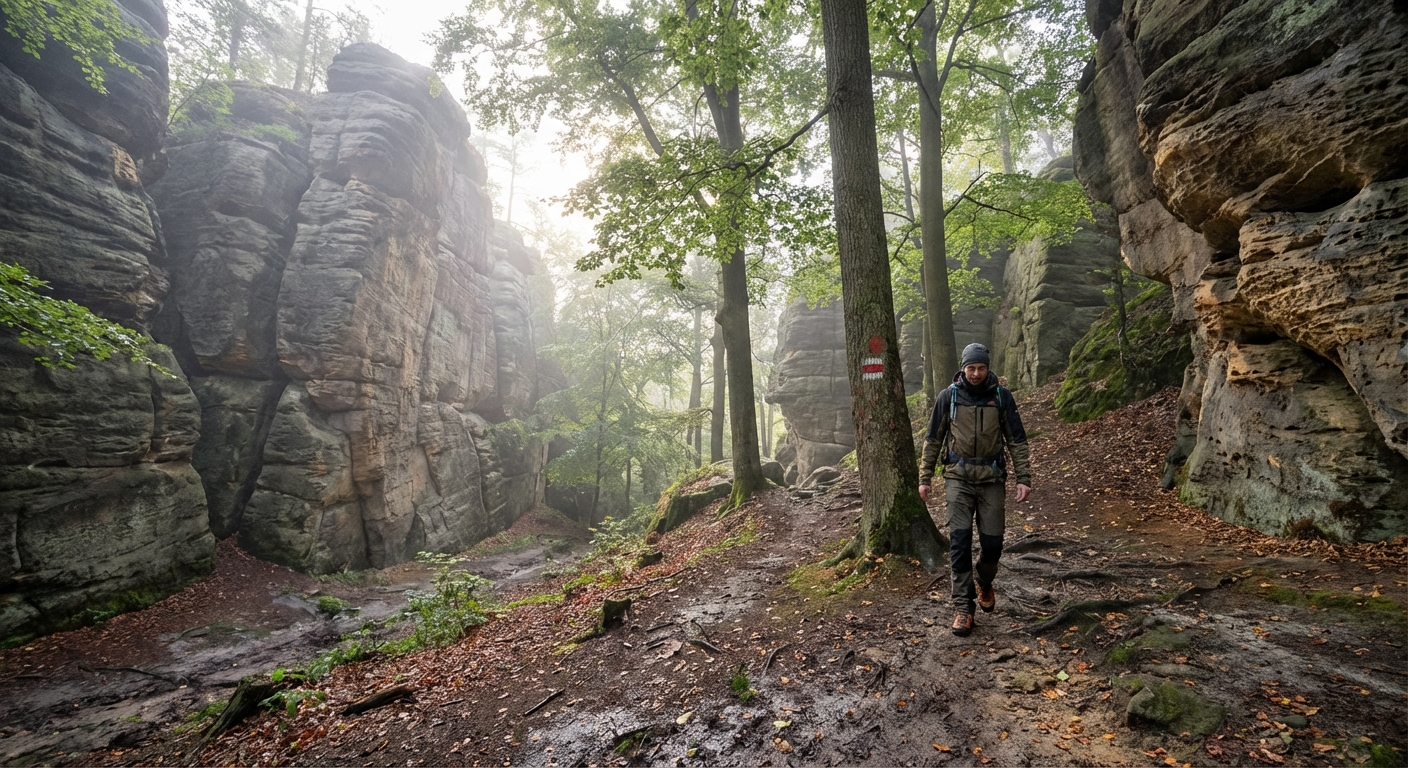 Sunrise over Externsteine rock formation reflecting on a tranquil lake.