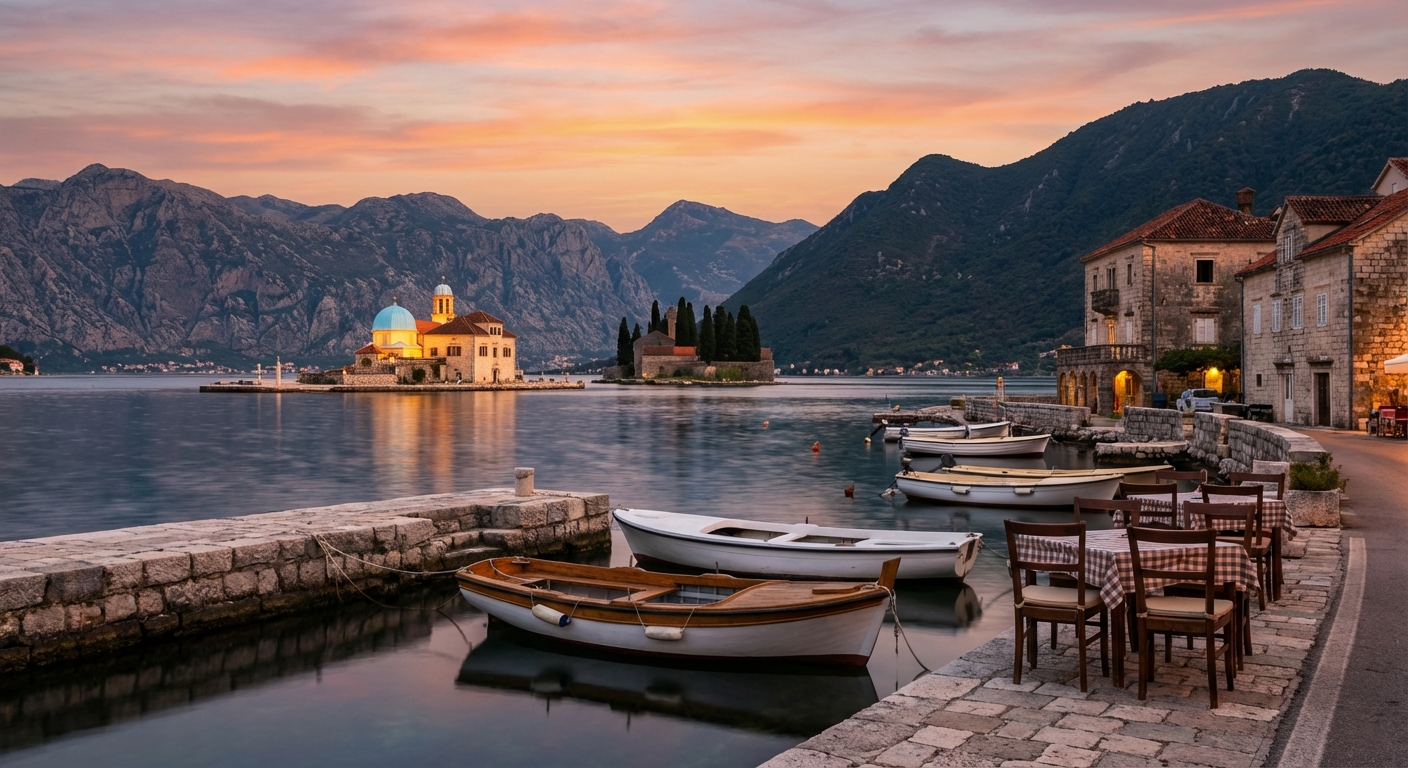 Explore the tranquil island monastery set against stunning Montenegro hills and waters.