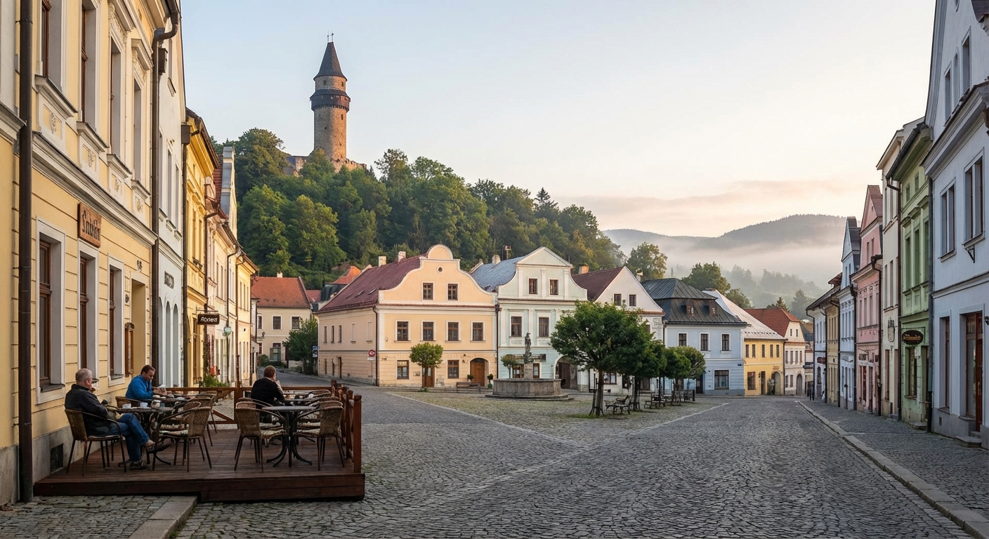 Aerial view of medieval Kuneticka Hora Castle, a tourist landmark in the Czech Republic, at sunrise.