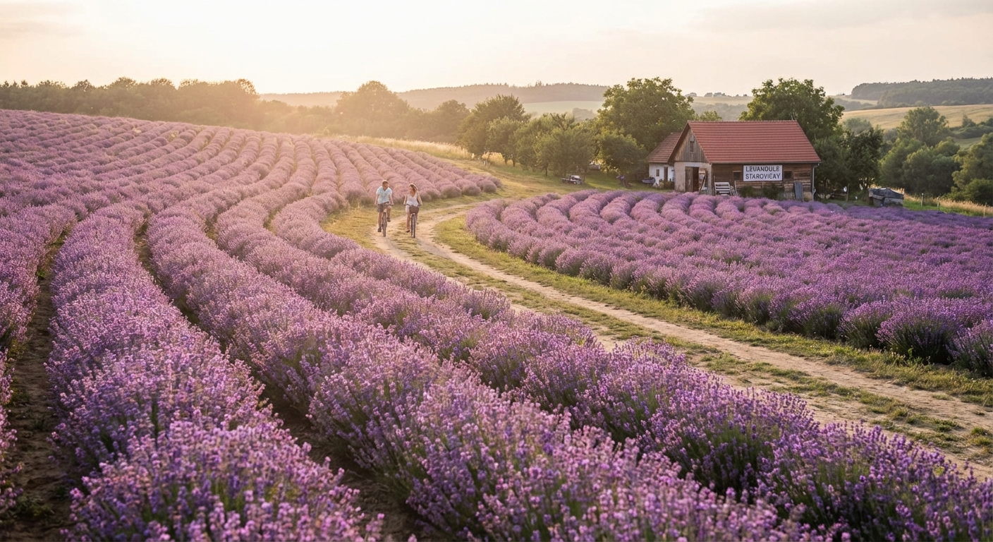Scenic landscape of rolling hills and forest in South Moravia, Czech Republic.