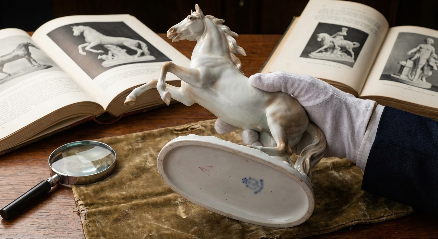 Close-up of a glazed porcelain deer figurine against a pastel pink background.