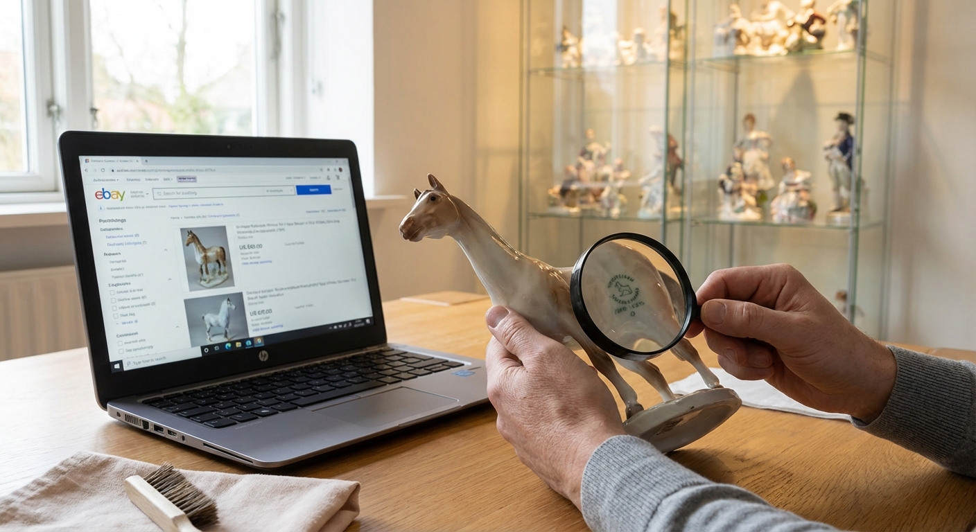 A detailed view of a miniature wooden rocking horse, indoors.