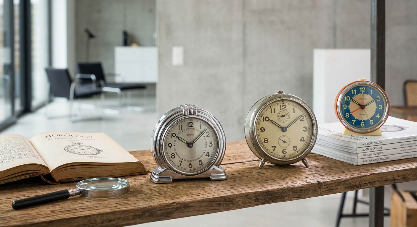 A classic vintage alarm clock with Roman numerals on a minimalist shelf.