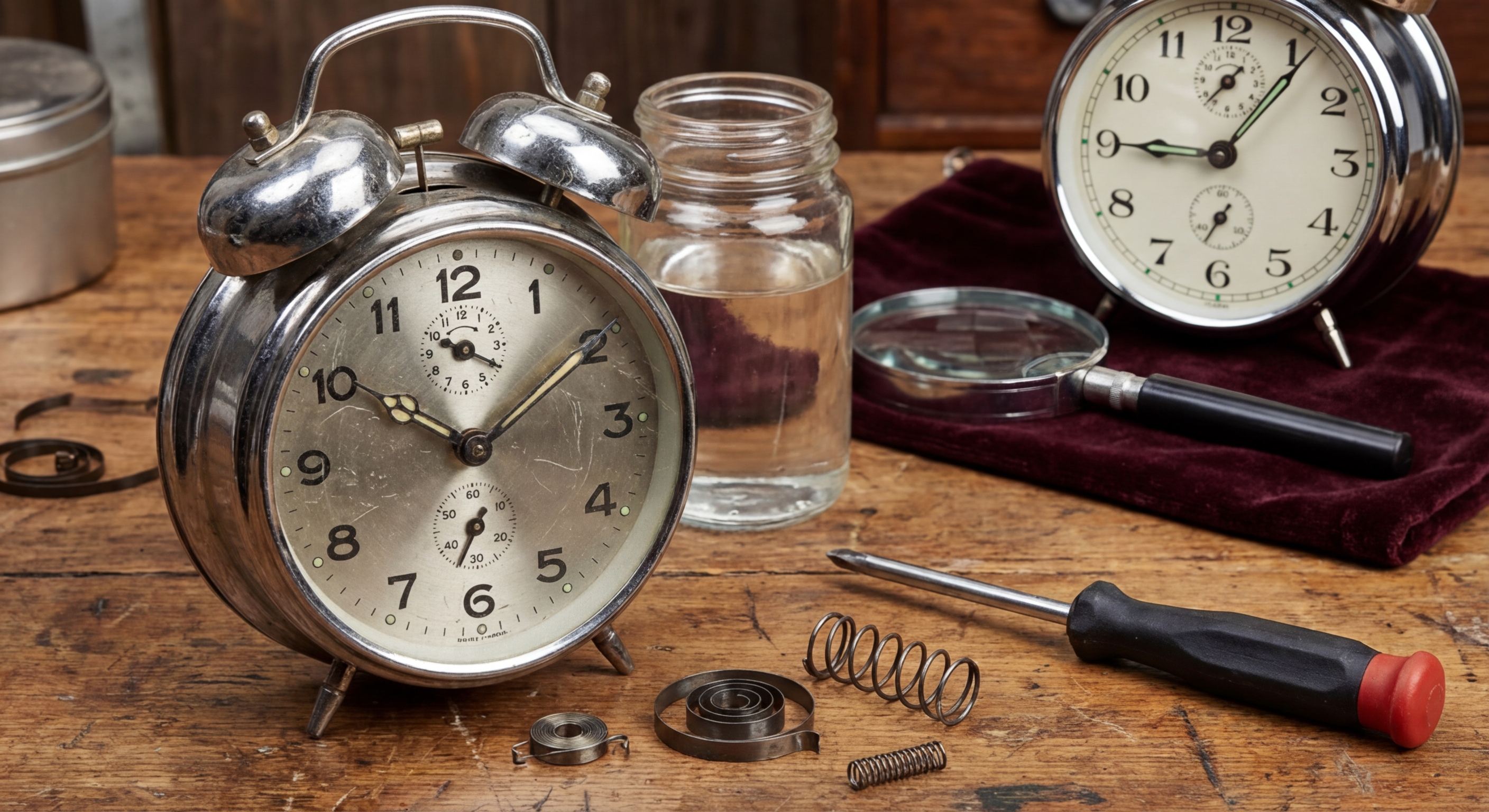 Close-up of a classic vintage alarm clock with ringing bells on a white background.