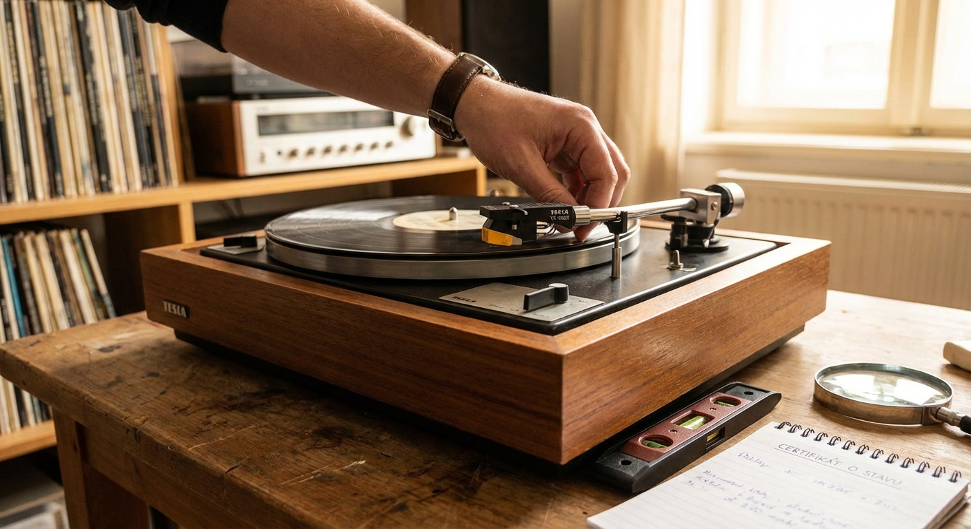 Close-up of a classic turntable playing vinyl records, evoking nostalgia and retro vibes.