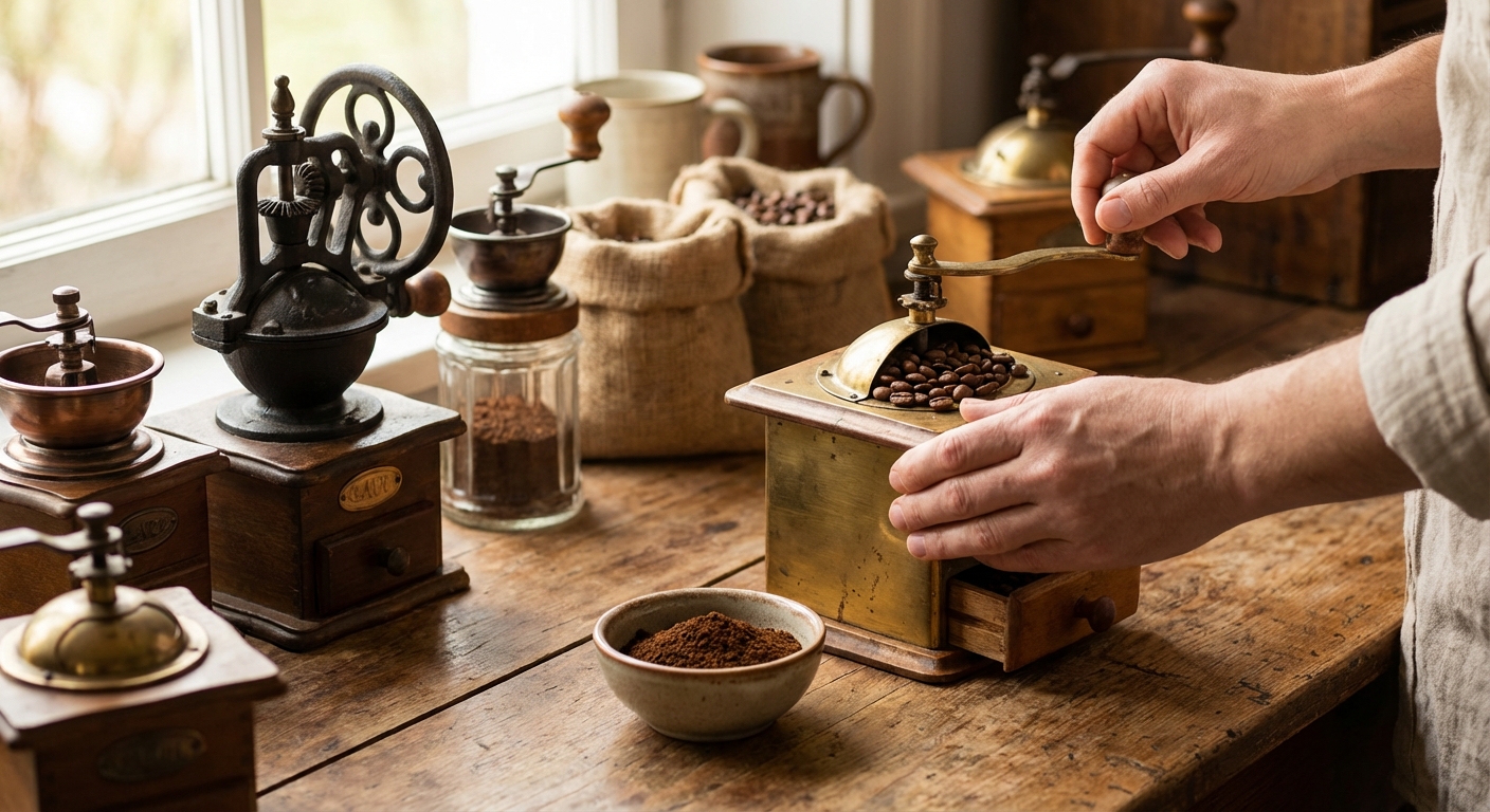 A rustic vintage coffee grinder on a wooden table with burlap sack outdoors.