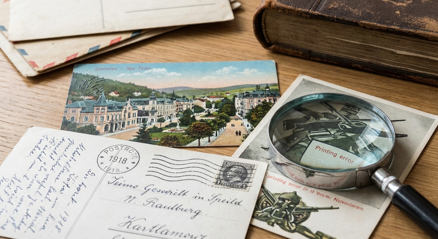 Two people sharing memories through black and white vintage postcards.