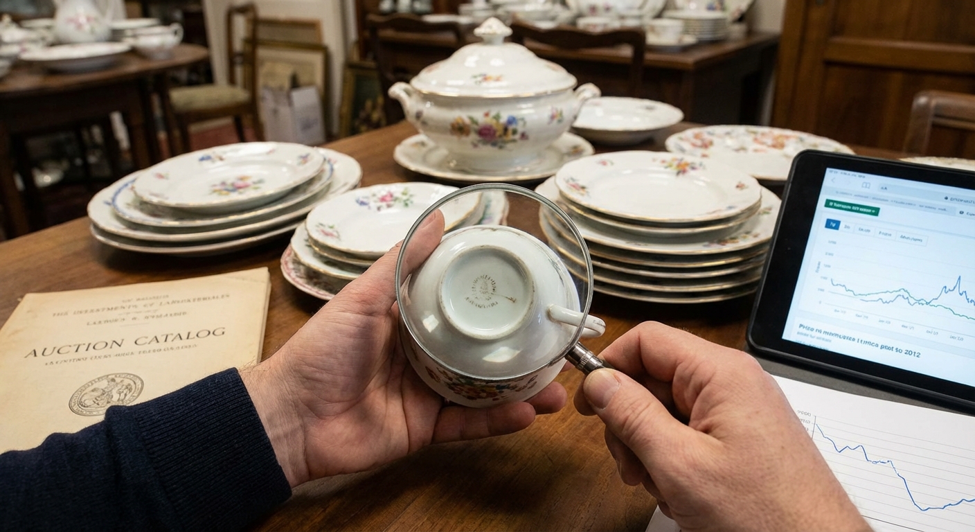 A collection of vintage porcelain teacups and plates inside a woven basket, showcasing retro charm.