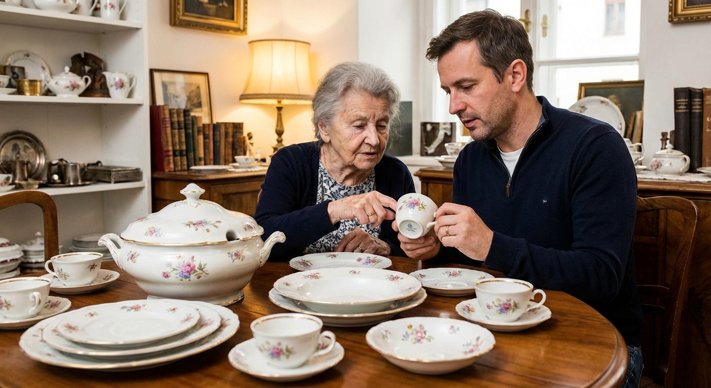 Close-up of vintage dinnerware featuring vibrant floral and bird designs, showcasing retro elegance.