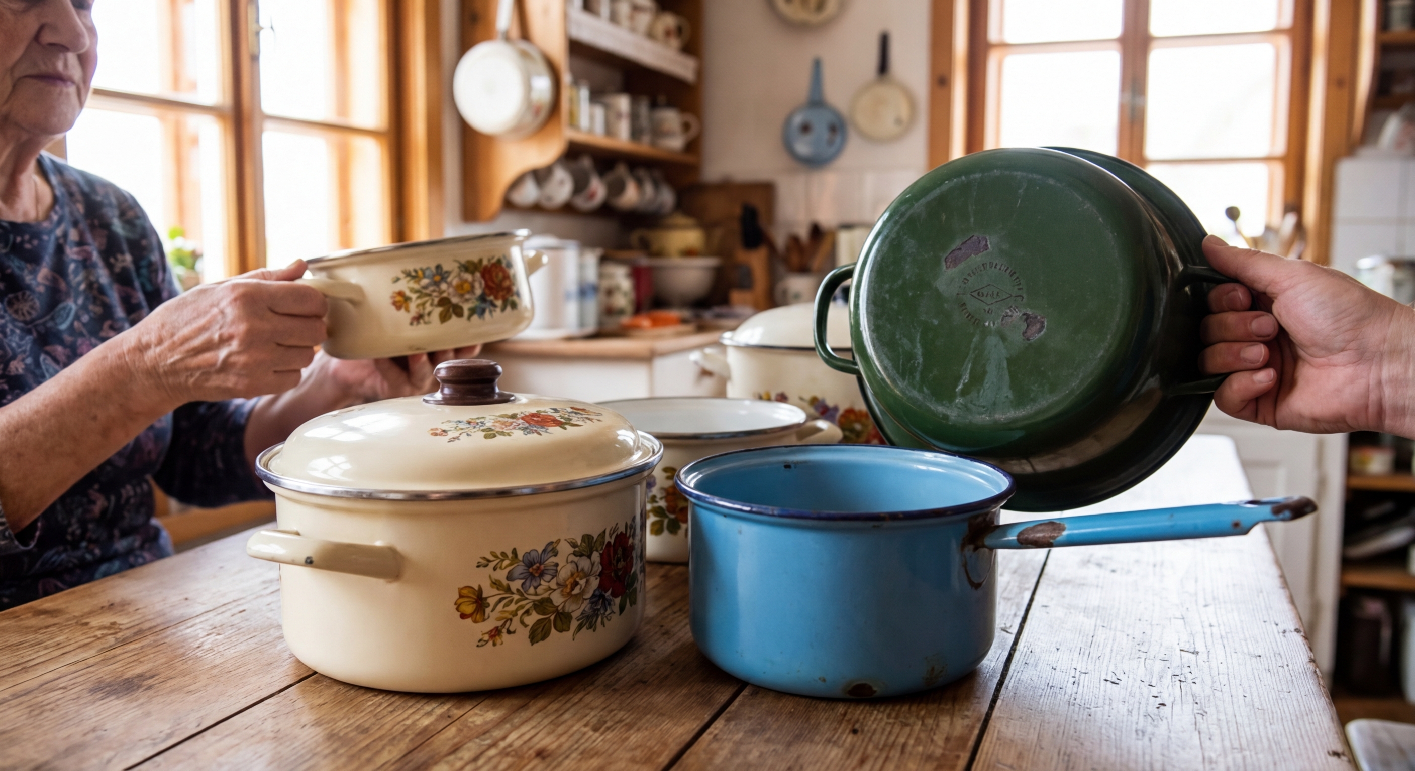 Two white enamel mugs stacked on a tiled kitchen counter, creating a vintage look.