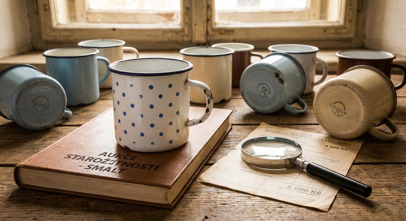 Two white enamel mugs stacked on a tiled kitchen counter, creating a vintage look.