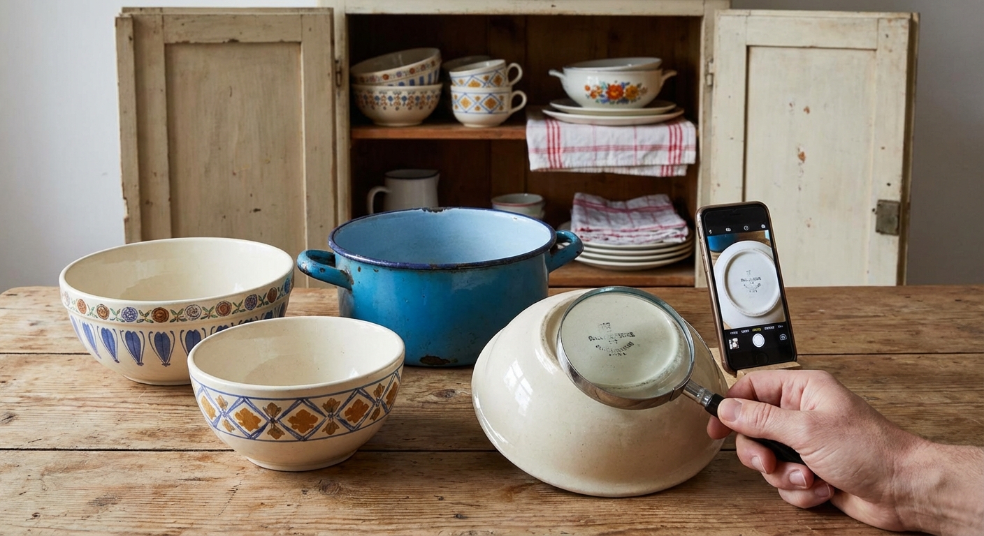 A floral design enamel pot on a gas stove with simmering soup, creating a warm kitchen ambiance.